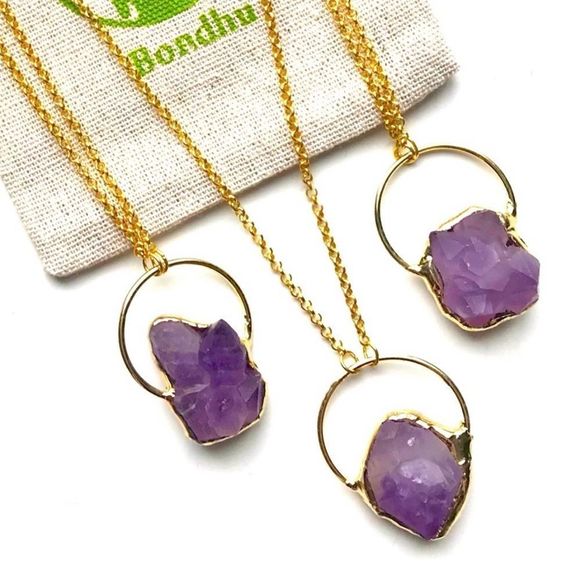 Frosted Matte Amethyst Stone Cluster Electroplated Pendent - 18 Karat Gold Chain - Picture 1 of 5